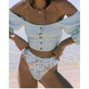 Billabong White Sand Turquoise Puff Sleeve Button Down Crop Blouse Top